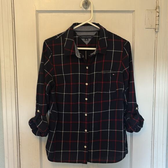 Tommy Hilfiger Navy and Red Plaid Button Down Shirt - Picture 4 of 5